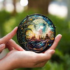 Person holding a round stained glass suncatcher, intricately designed object with a fantasy scene against a blurred green background