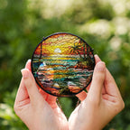 Stained glass suncatcher featuring a vibrant beach sunset with ocean waves and warm colors