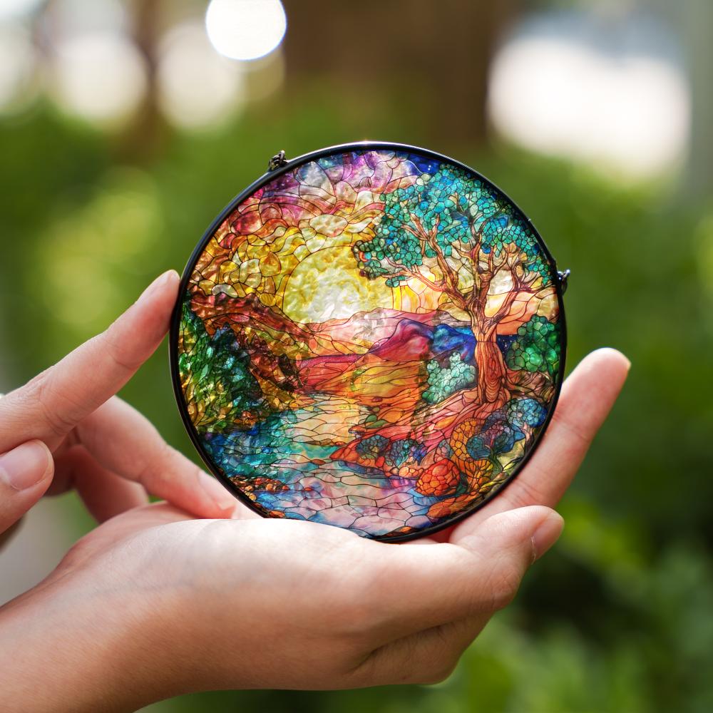 stained glass suncatcher landscape with a river