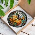 Stained glass panel with pumpkin and butterfly design in a box on a wooden surface