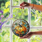 Stained glass pumpkin decoration held by a hand in front of a window with greenery.