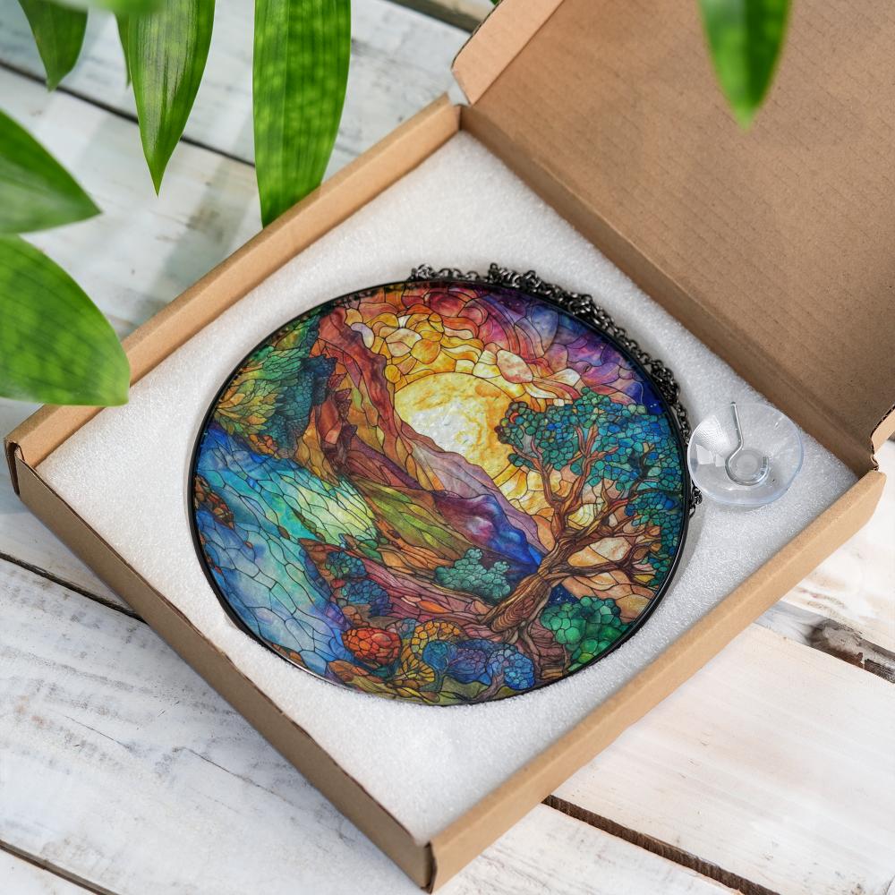 stained glass suncatcher landscape with a river