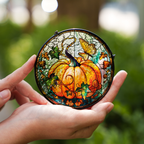 Stained glass panel with pumpkins and butterflies held in hands against a blurred green background