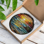 Stained glass suncatcher featuring a vibrant beach sunset with ocean waves and warm colors in the box