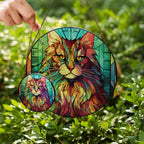 Stained glass suncatcher featuring a Norwegian Forest Cat with vibrant colors