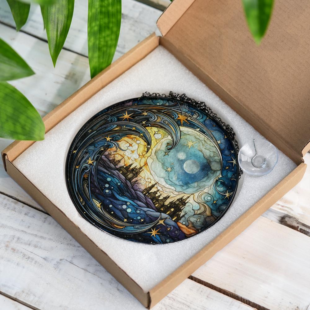 Decorative stained glass suncatcher with celestial design in a box on a wooden surface