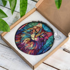 Stained glass suncatcher featuring a Norwegian Forest Cat with vibrant colors packaging