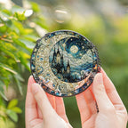 Stained glass window hanging featuring gothic cathedral, crescent moon, and starry sky—handmade suncatcher decor for home or gift