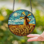 Windmill Stained Glass Suncatcher for Windows – Farmhouse Wheat Field Sun Catcher Decor