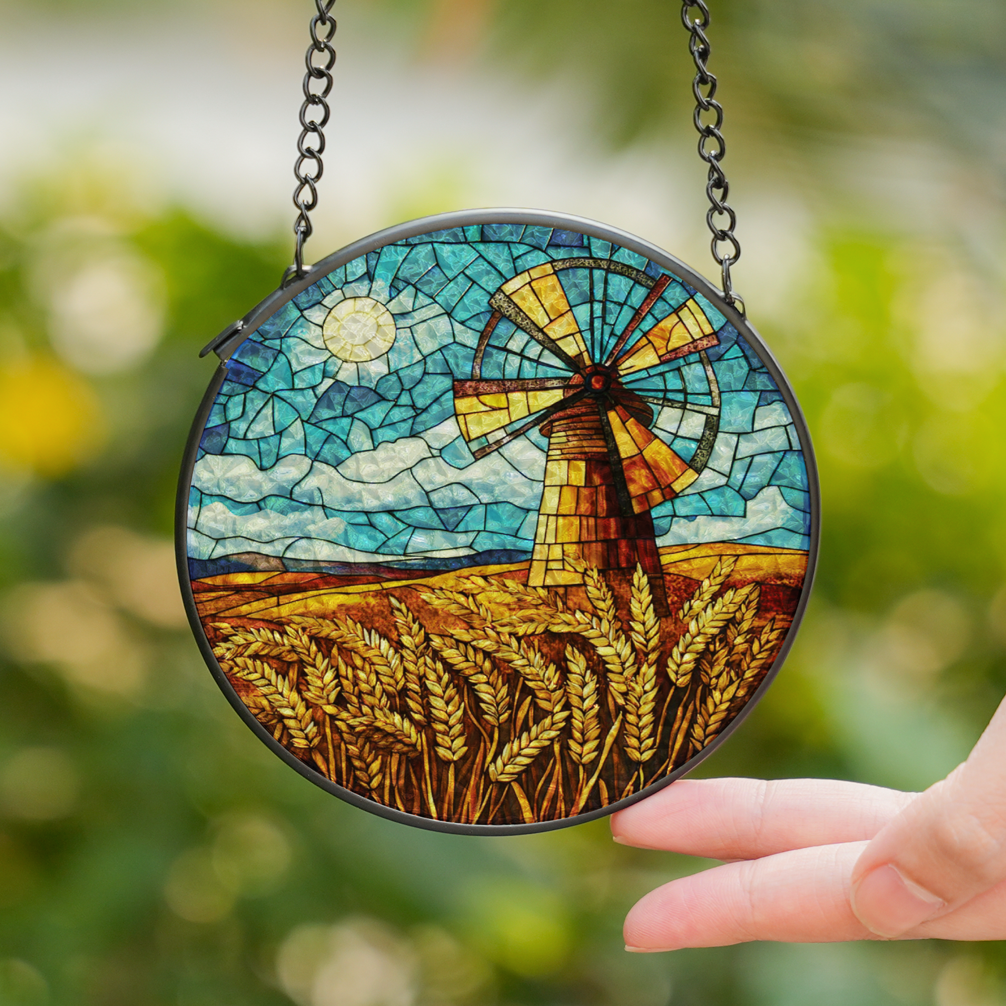 Windmill Stained Glass Suncatcher for Windows – Farmhouse Wheat Field Sun Catcher Decor