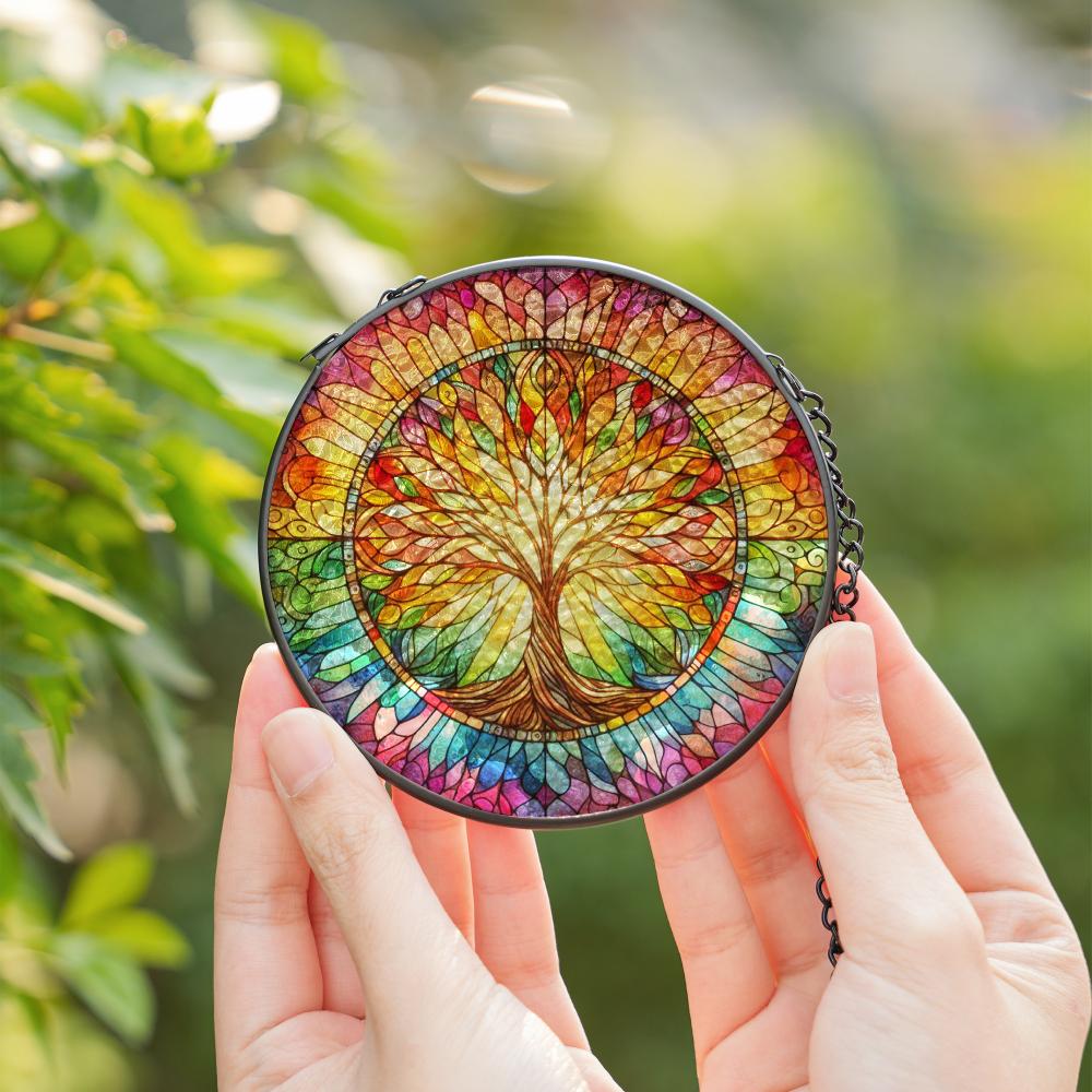 Colorful stained glass suncatcher featuring a vibrant Tree of Life design