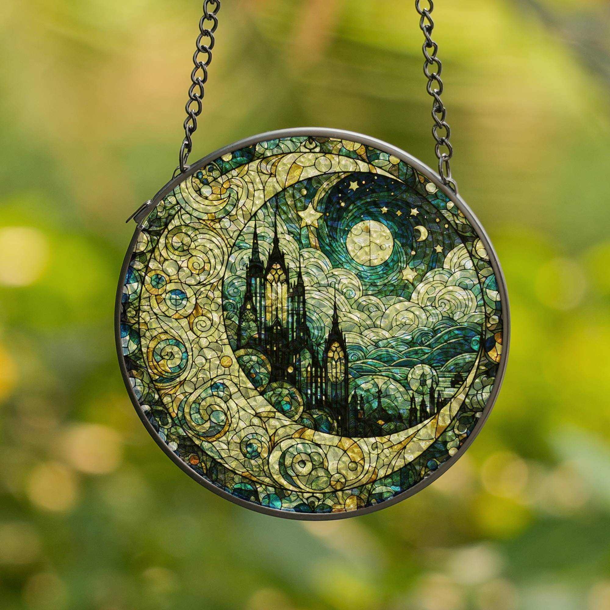 Stained glass window hanging featuring gothic cathedral, crescent moon, and starry sky—handmade suncatcher decor for home or gift