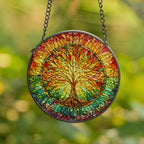 Colorful stained glass suncatcher featuring a vibrant Tree of Life design