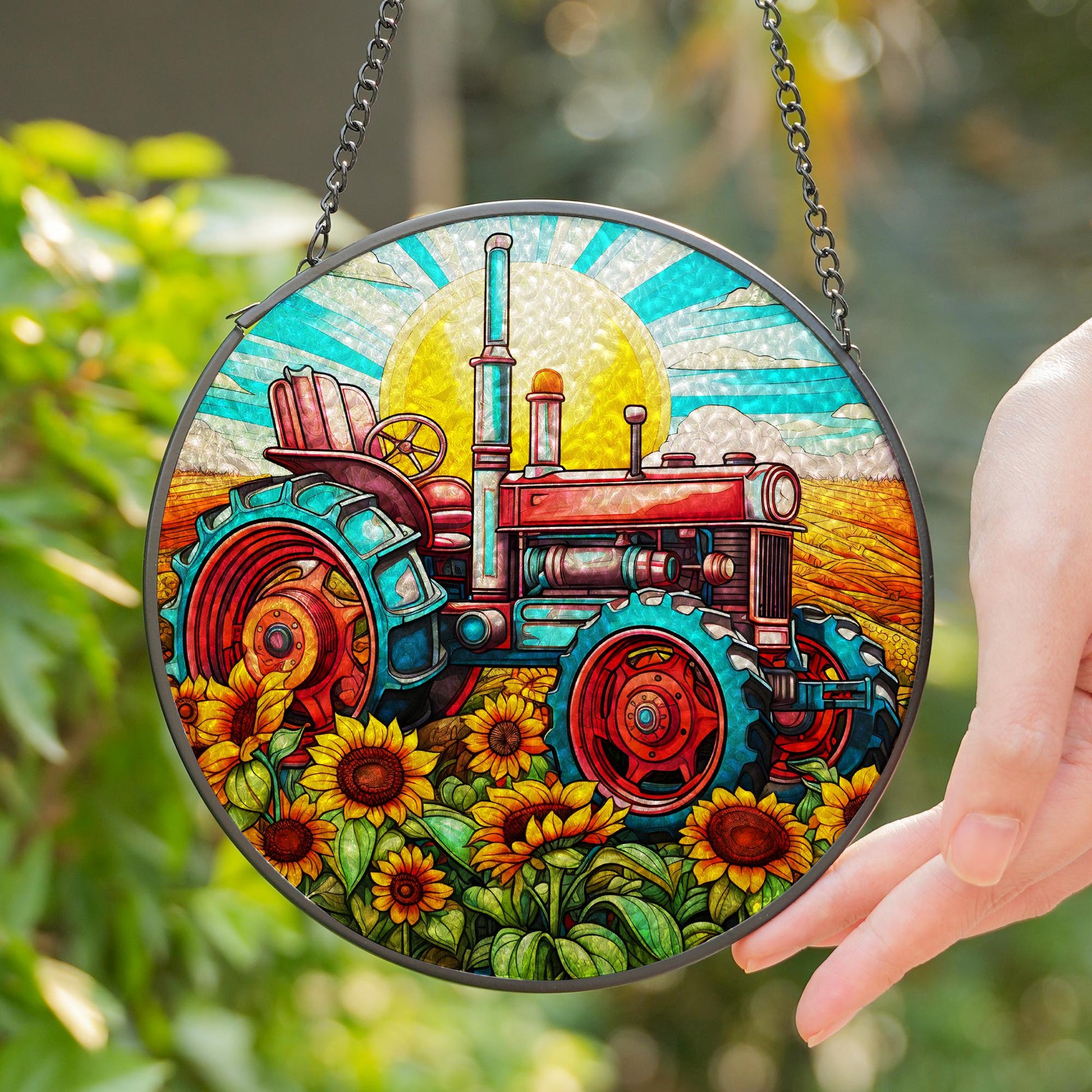 stained glass suncatcher with tractor and sunflowers
