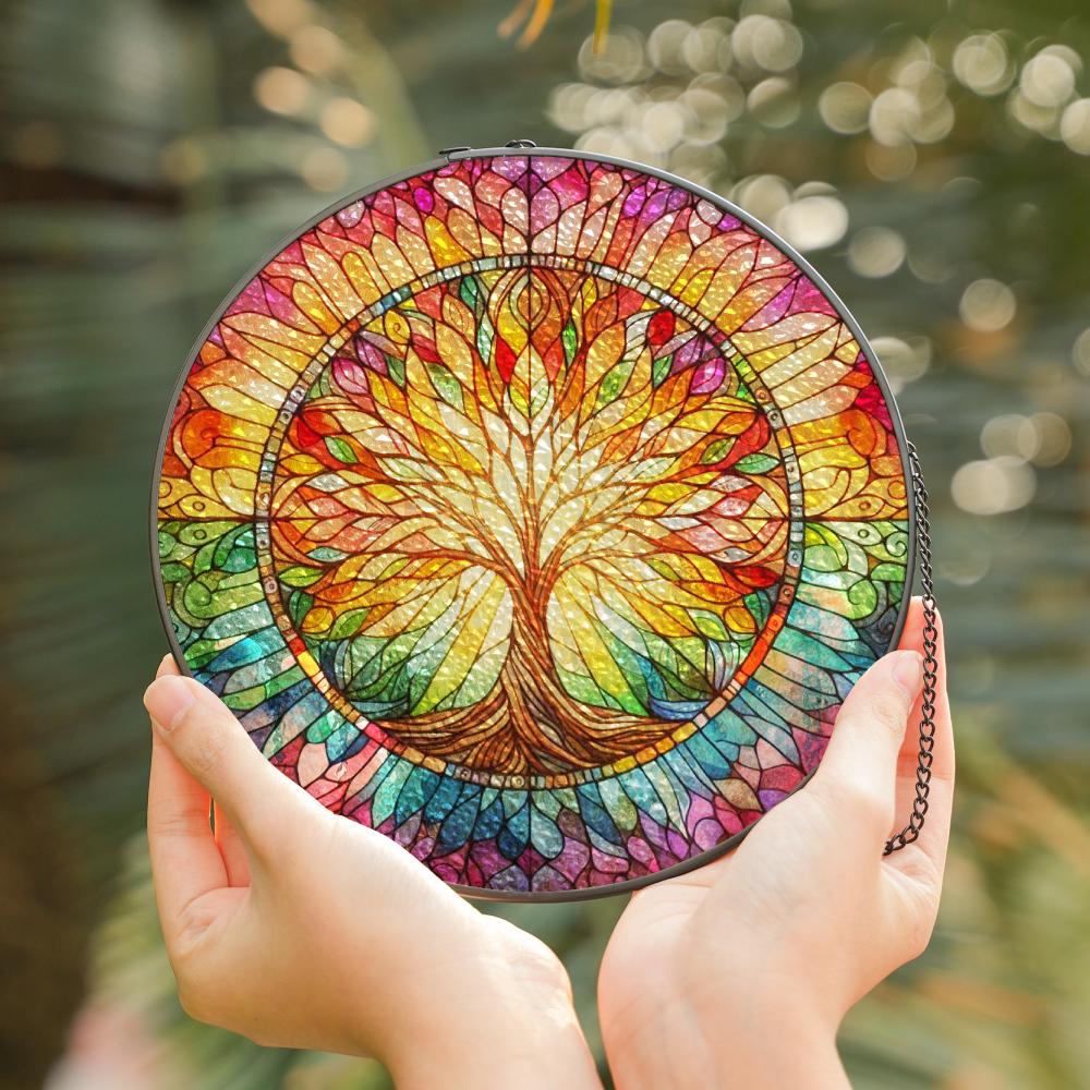 Colorful stained glass suncatcher featuring a vibrant Tree of Life design