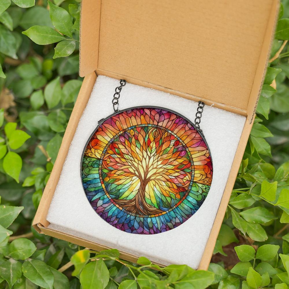 Colorful stained glass suncatcher featuring a vibrant Tree of Life design