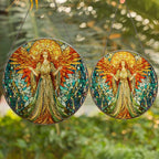Two stained glass angel sun catchers with a blurred green foliage background
