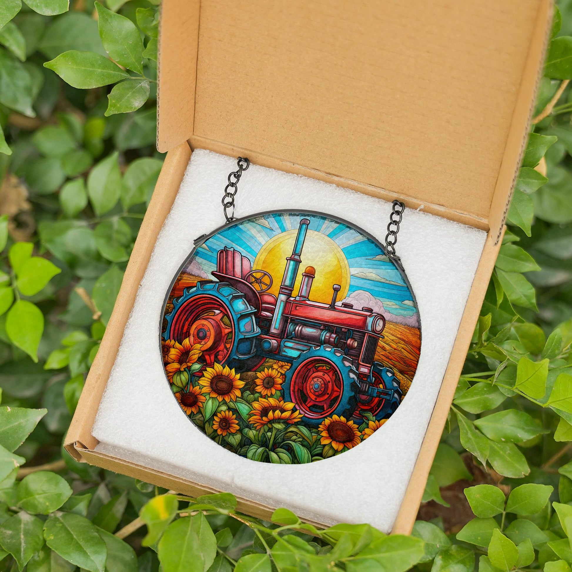 stained glass suncatcher with tractor and sunflowers