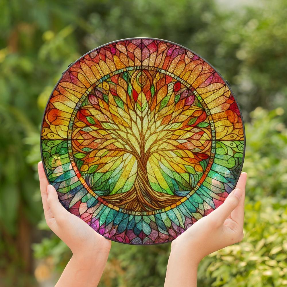 Colorful stained glass suncatcher featuring a vibrant Tree of Life design