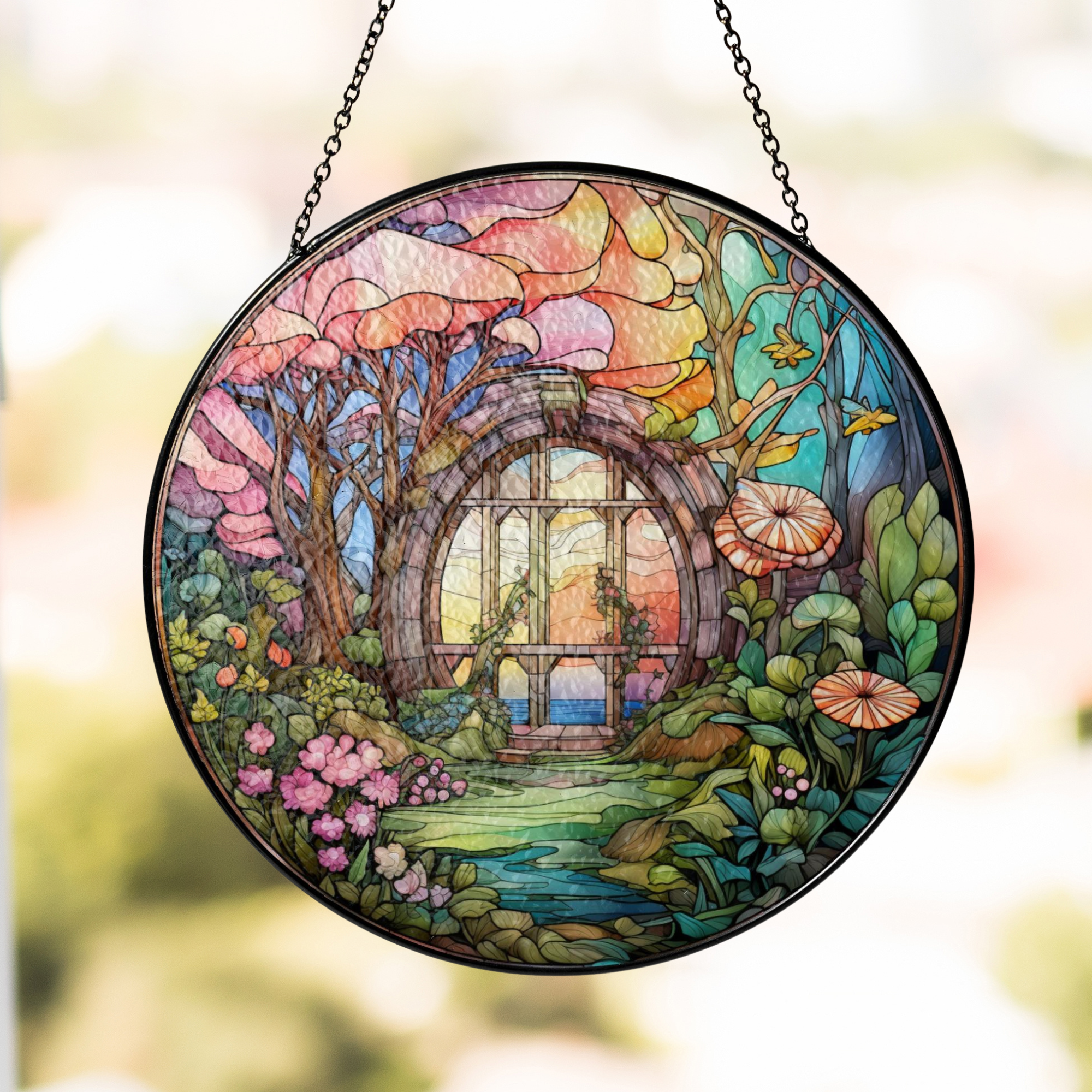 Stained glass window hanging with a garden scene design.