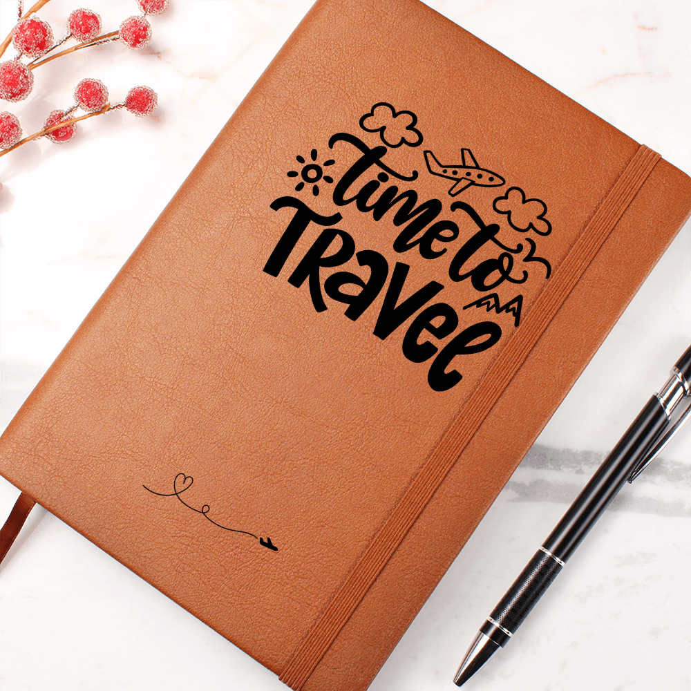 Time to Travel vegan leather journal with brown elastic band, ribbon bookmark, and 200 lined pages, ideal for documenting travel adventures