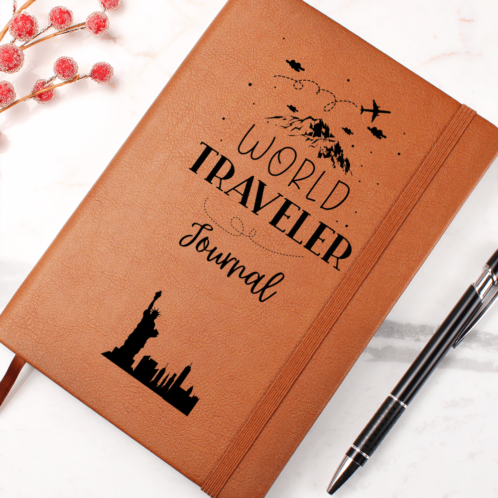 world traveler vegan leather journal with brown elastic band, ribbon bookmark, and 200 lined pages, ideal for documenting travel adventures