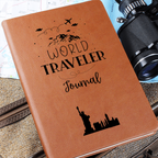 world traveler vegan leather journal with brown elastic band, ribbon bookmark, and 200 lined pages, ideal for documenting travel adventures
