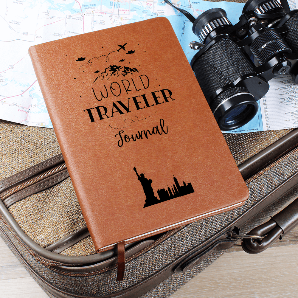 world traveler vegan leather journal with brown elastic band, ribbon bookmark, and 200 lined pages, ideal for documenting travel adventures