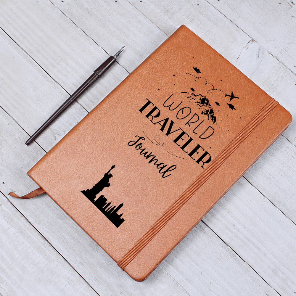 World traveler vegan leather journal with brown elastic band, ribbon bookmark, and 200 lined pages, ideal for documenting travel adventures
