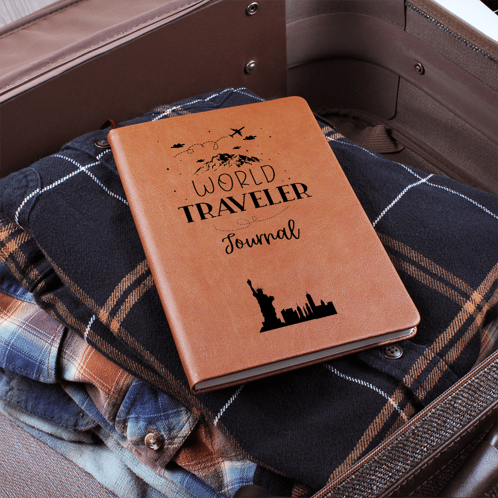 world traveler vegan leather journal with brown elastic band, ribbon bookmark, and 200 lined pages, ideal for documenting travel adventures