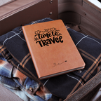 Time to Travel vegan leather journal with brown elastic band, ribbon bookmark, and 200 lined pages, ideal for documenting travel adventures