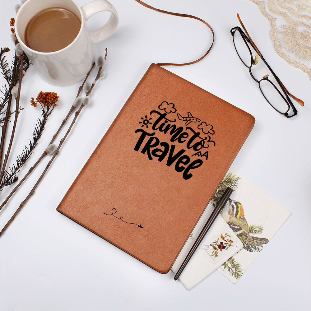 Time to Travel vegan leather journal with brown elastic band, ribbon bookmark, and 200 lined pages, ideal for documenting travel adventures