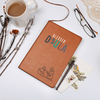 Journal for a doula on a premium vegan leather cover, includes 200 lined pages, a ribbon bookmark, and a brown elastic closure band.