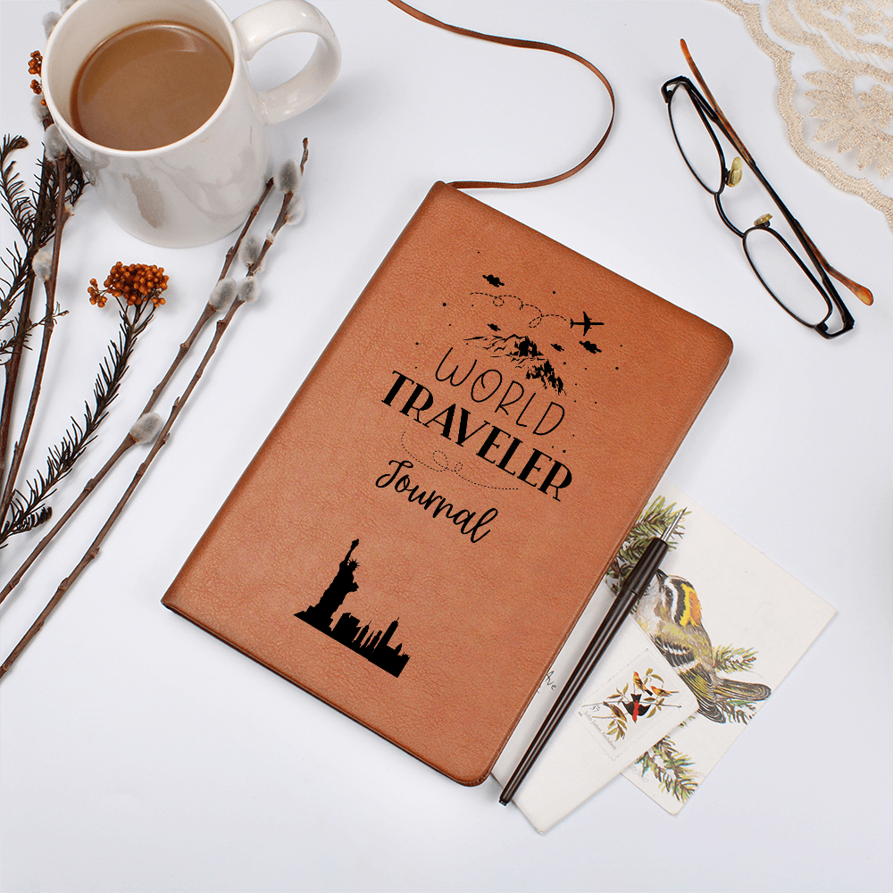 world traveler vegan leather journal with brown elastic band, ribbon bookmark, and 200 lined pages, ideal for documenting travel adventures