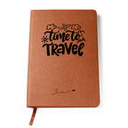 Time to Travel vegan leather journal with brown elastic band, ribbon bookmark, and 200 lined pages, ideal for documenting travel adventures