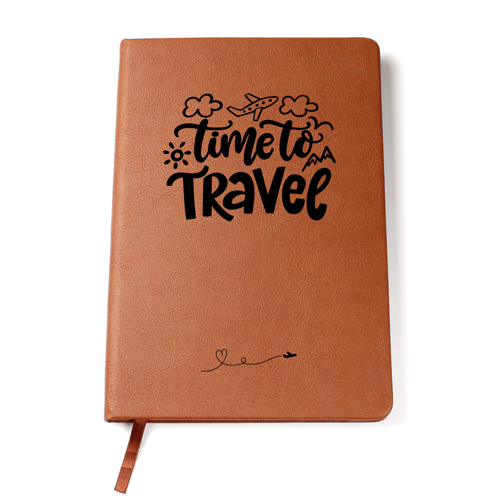 Time to Travel vegan leather journal with brown elastic band, ribbon bookmark, and 200 lined pages, ideal for documenting travel adventures