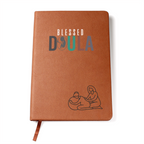 Journal for a doula on a premium vegan leather cover, includes 200 lined pages, a ribbon bookmark, and a brown elastic closure band.