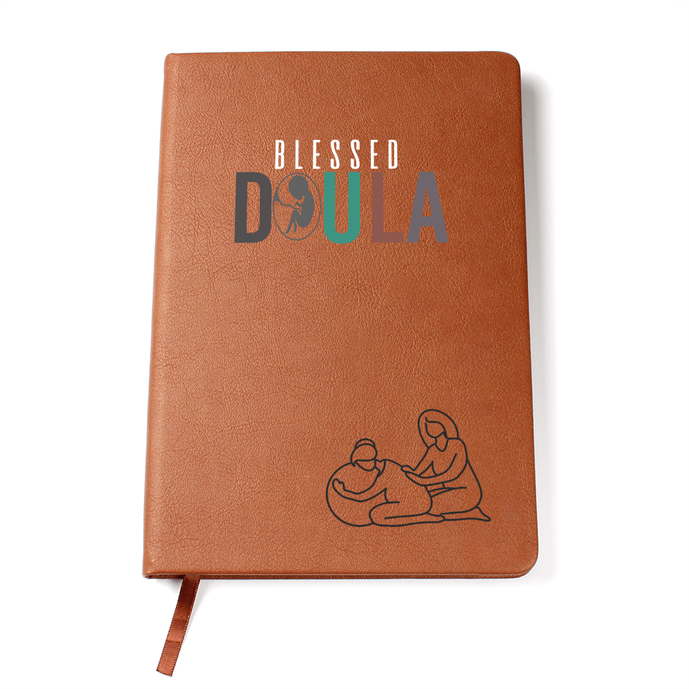 Journal for a doula on a premium vegan leather cover, includes 200 lined pages, a ribbon bookmark, and a brown elastic closure band.