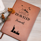 world traveler vegan leather journal with brown elastic band, ribbon bookmark, and 200 lined pages, ideal for documenting travel adventures