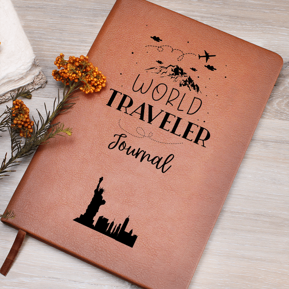 world traveler vegan leather journal with brown elastic band, ribbon bookmark, and 200 lined pages, ideal for documenting travel adventures