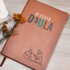 Journal for a doula on a premium vegan leather cover, includes 200 lined pages, a ribbon bookmark, and a brown elastic closure band.