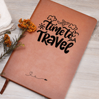 Time to Travel vegan leather journal with brown elastic band, ribbon bookmark, and 200 lined pages, ideal for documenting travel adventures