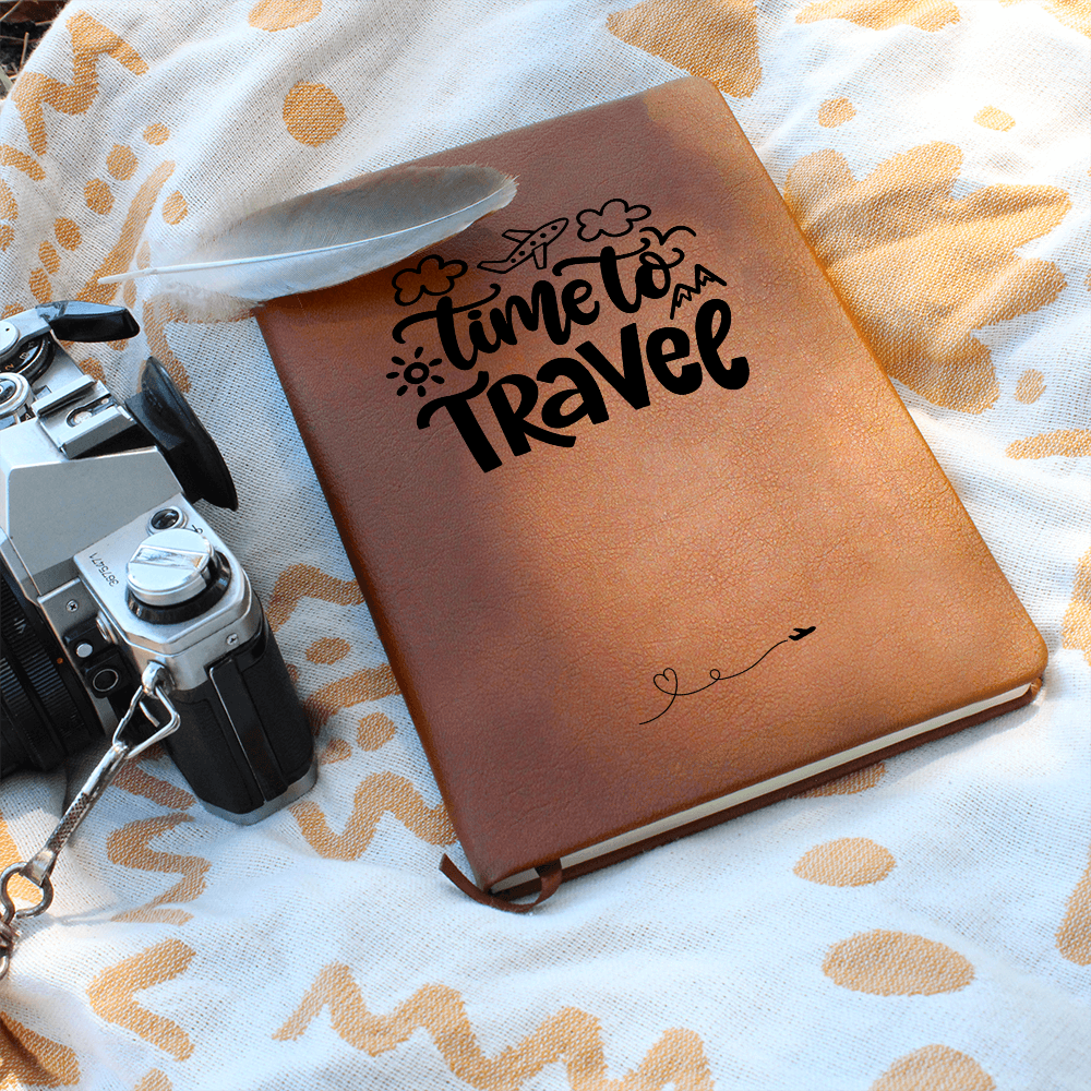 Time to Travel vegan leather journal with brown elastic band, ribbon bookmark, and 200 lined pages, ideal for documenting travel adventures