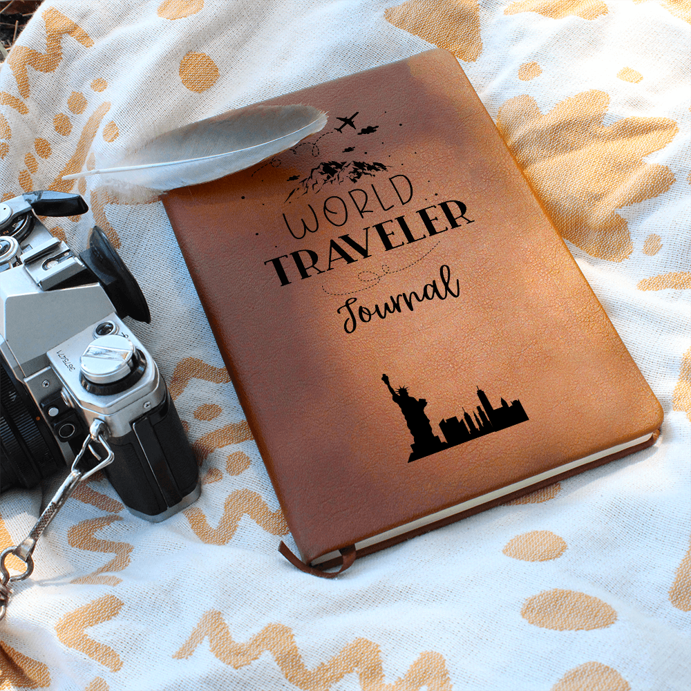 world traveler vegan leather journal with brown elastic band, ribbon bookmark, and 200 lined pages, ideal for documenting travel adventures