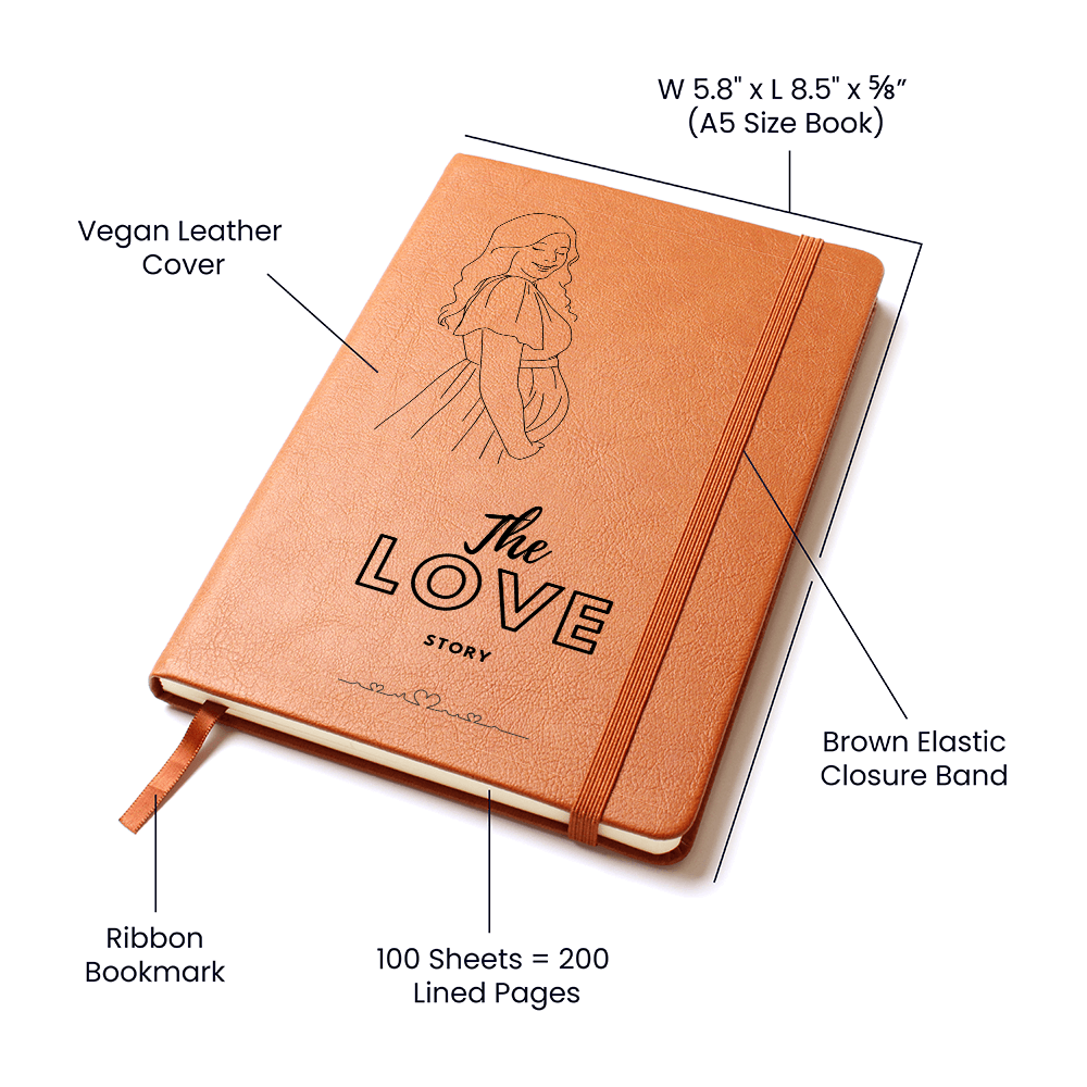 The Love Story pregnancy journal with vegan leather cover, 200 lined pages, ribbon bookmark & elastic band.