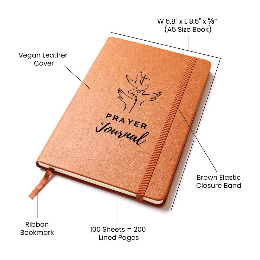 Vegan leather prayer journal with 200 lined pages, ribbon bookmark & elastic closure - perfect for daily devotionals, notes & spiritual reflection.