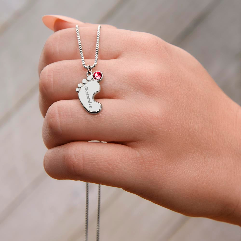 Engraved Baby Feet Necklace with Birthstone and Your Baby's Name (up to 4 charms)