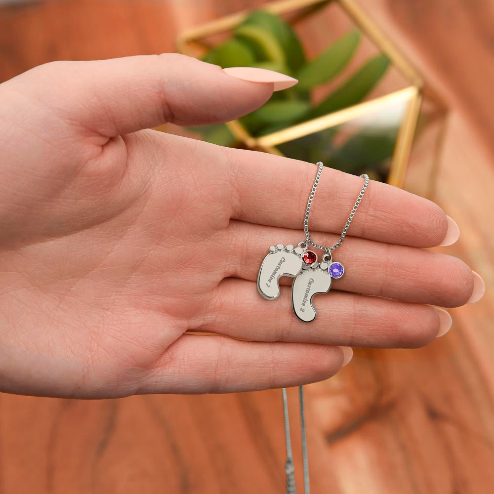 Engraved Baby Feet Necklace with Birthstone and Your Baby's Name (up to 4 charms)