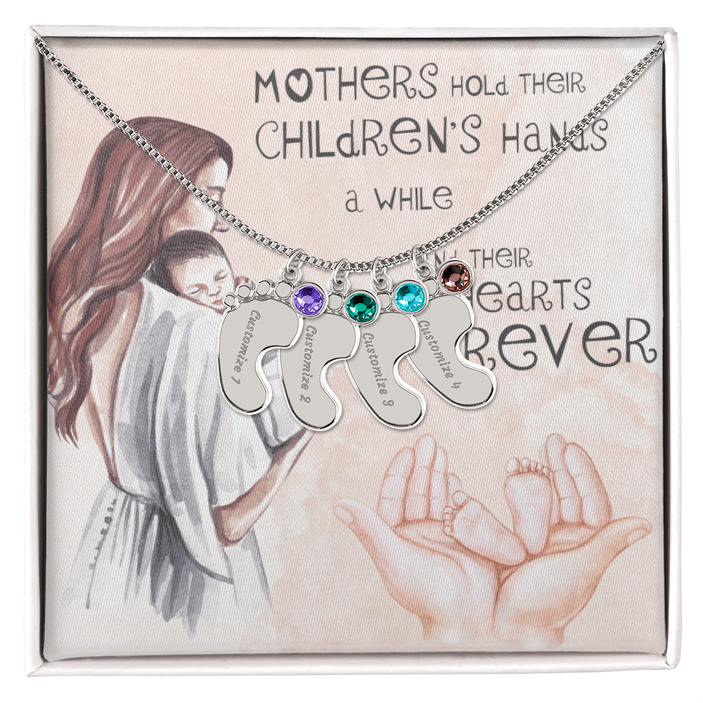 Engraved Baby Feet Necklace with Birthstone and Your Baby's Name (up to 4 charms)