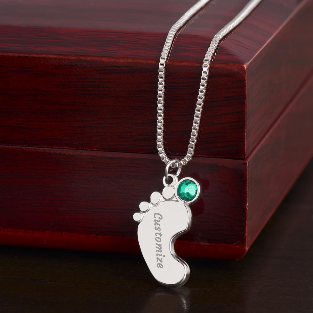 Engraved Baby Feet Necklace with Birthstone and Your Baby's Name (up to 4 charms)